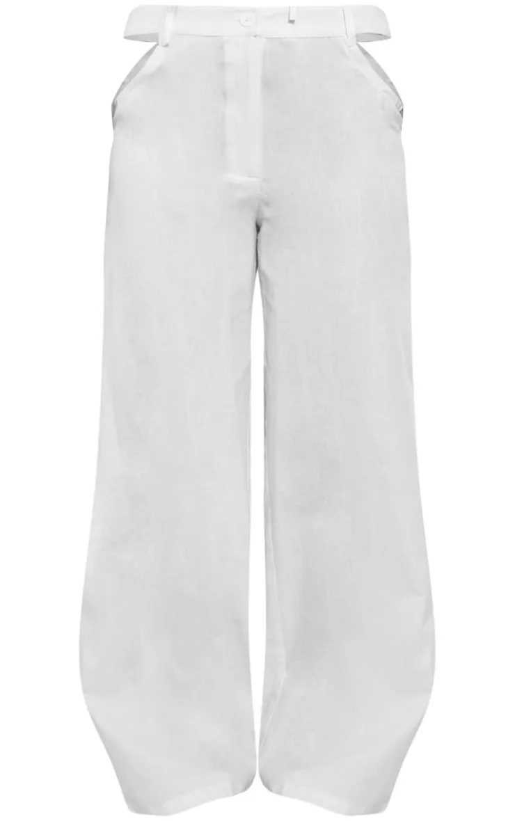 Sale PrettyLittleThing Petite Linen Look Cut Out Side Wide Leg Pants White