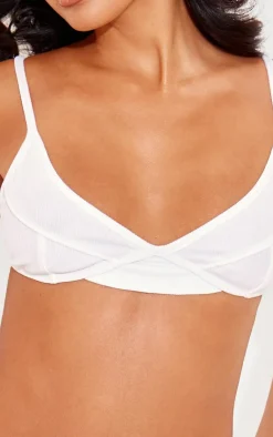 Online PrettyLittleThing Petite Ribbed Seam Detail Bralet White
