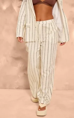 Sale PrettyLittleThing Petite Stripe Linen Look Tailored Pants White