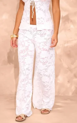 New PrettyLittleThing Petite Textured Elasticated Wide Leg Pants White