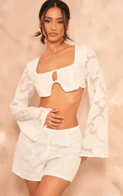 Clearance PrettyLittleThing Petite Textured Extreme Open Crop Top White