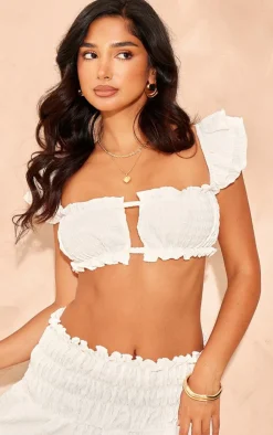 Best PrettyLittleThing Petite Textured Frill Detail Crop Top White