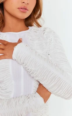 Sale PrettyLittleThing Petite Textured Jersey Long Top White