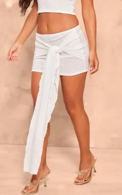Discount PrettyLittleThing Petite Textured Tie Front Mini Skirt White