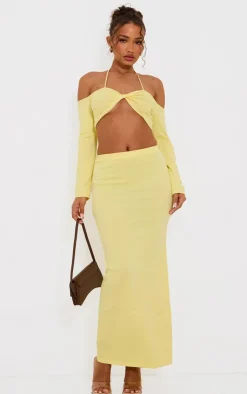 Online PrettyLittleThing Petite Knitted Tie Waist Maxi Skirt Yellow