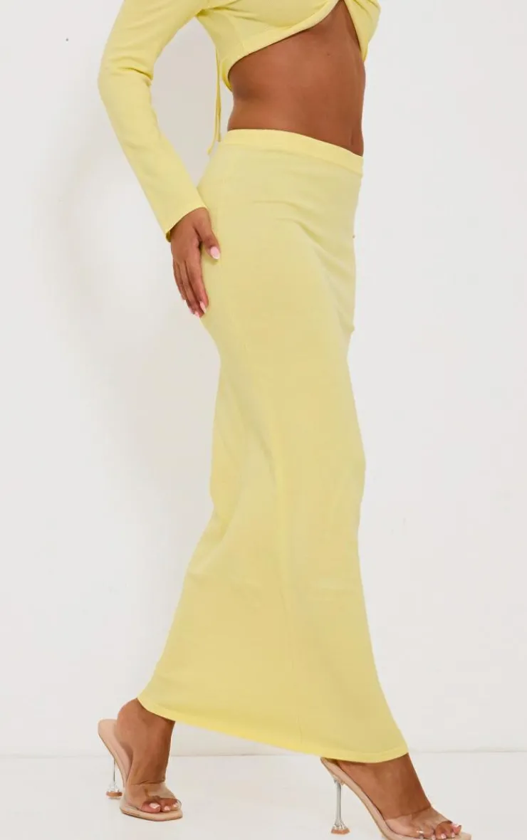 Online PrettyLittleThing Petite Knitted Tie Waist Maxi Skirt Yellow