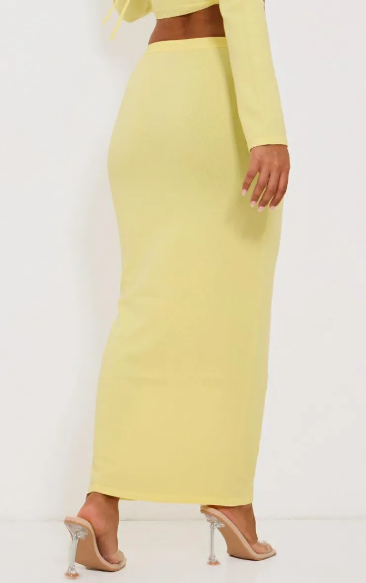 Online PrettyLittleThing Petite Knitted Tie Waist Maxi Skirt Yellow