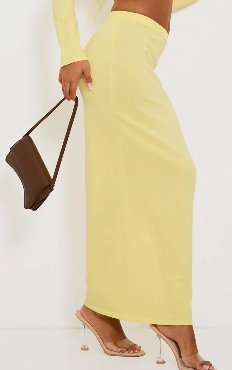 Online PrettyLittleThing Petite Knitted Tie Waist Maxi Skirt Yellow