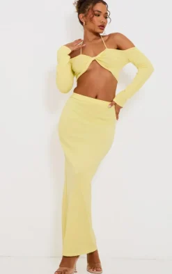 Hot PrettyLittleThing Petite Knitted Twist Front Long Sleeve Crop Top Yellow