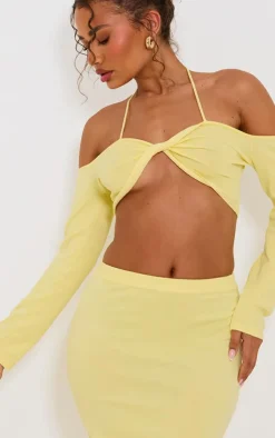 Hot PrettyLittleThing Petite Knitted Twist Front Long Sleeve Crop Top Yellow