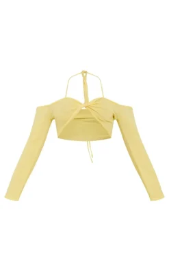 Hot PrettyLittleThing Petite Knitted Twist Front Long Sleeve Crop Top Yellow
