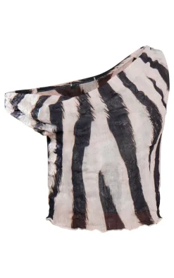 Sale PrettyLittleThing Petite Print Cowl Neck Crushed Mesh Crop Top Zebra