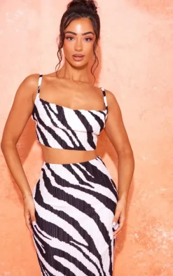 New PrettyLittleThing Petite Print Plisse Strappy Cowl Neck Top Zebra
