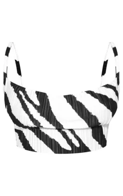 New PrettyLittleThing Petite Print Plisse Strappy Cowl Neck Top Zebra