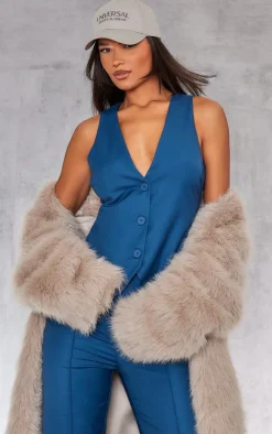Online PrettyLittleThing Woven Fitted Pocket Detail Vest Petrol Blue