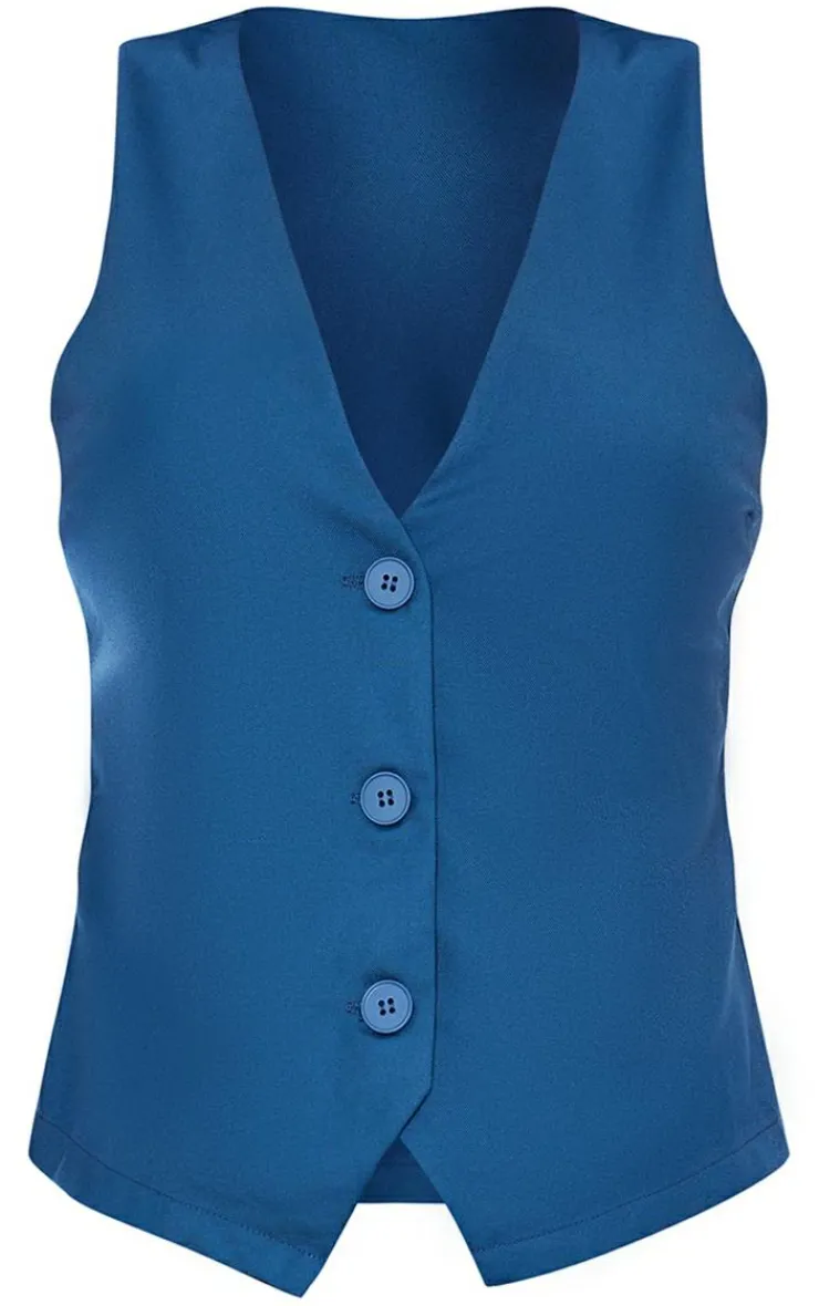 Online PrettyLittleThing Woven Fitted Pocket Detail Vest Petrol Blue