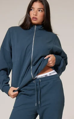 Sale PrettyLittleThing Premium Tonal Print Zip Through Panelled Track Top Petrol