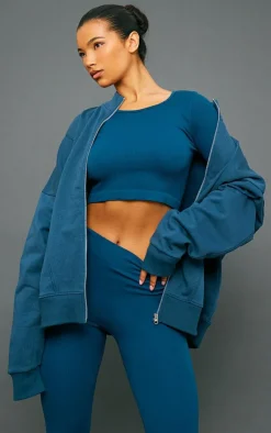 PrettyLittleThing Structured Snatched Ribbed Round Neck Long Sleeve Crop Top Petrol