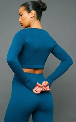 PrettyLittleThing Structured Snatched Ribbed Round Neck Long Sleeve Crop Top Petrol