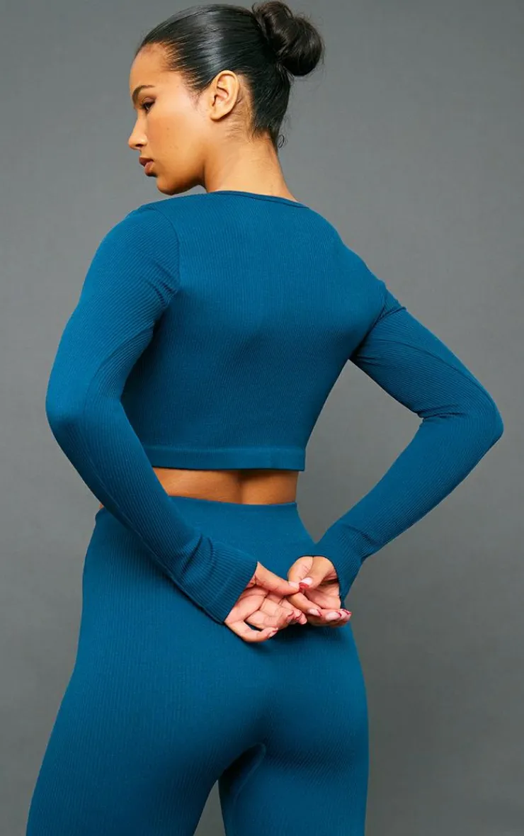 PrettyLittleThing Structured Snatched Ribbed Round Neck Long Sleeve Crop Top Petrol
