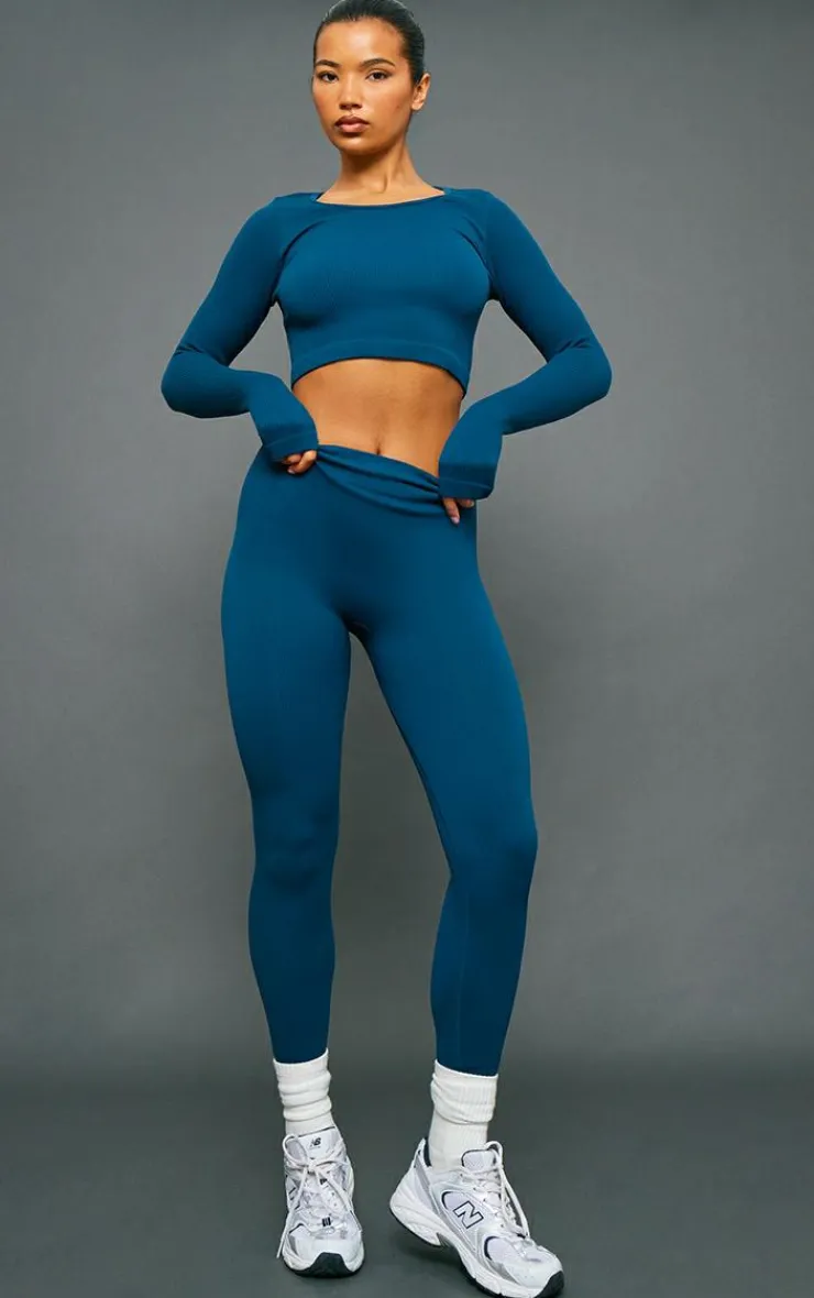 PrettyLittleThing Structured Snatched Ribbed Round Neck Long Sleeve Crop Top Petrol