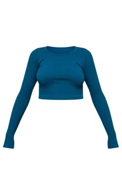 PrettyLittleThing Structured Snatched Ribbed Round Neck Long Sleeve Crop Top Petrol