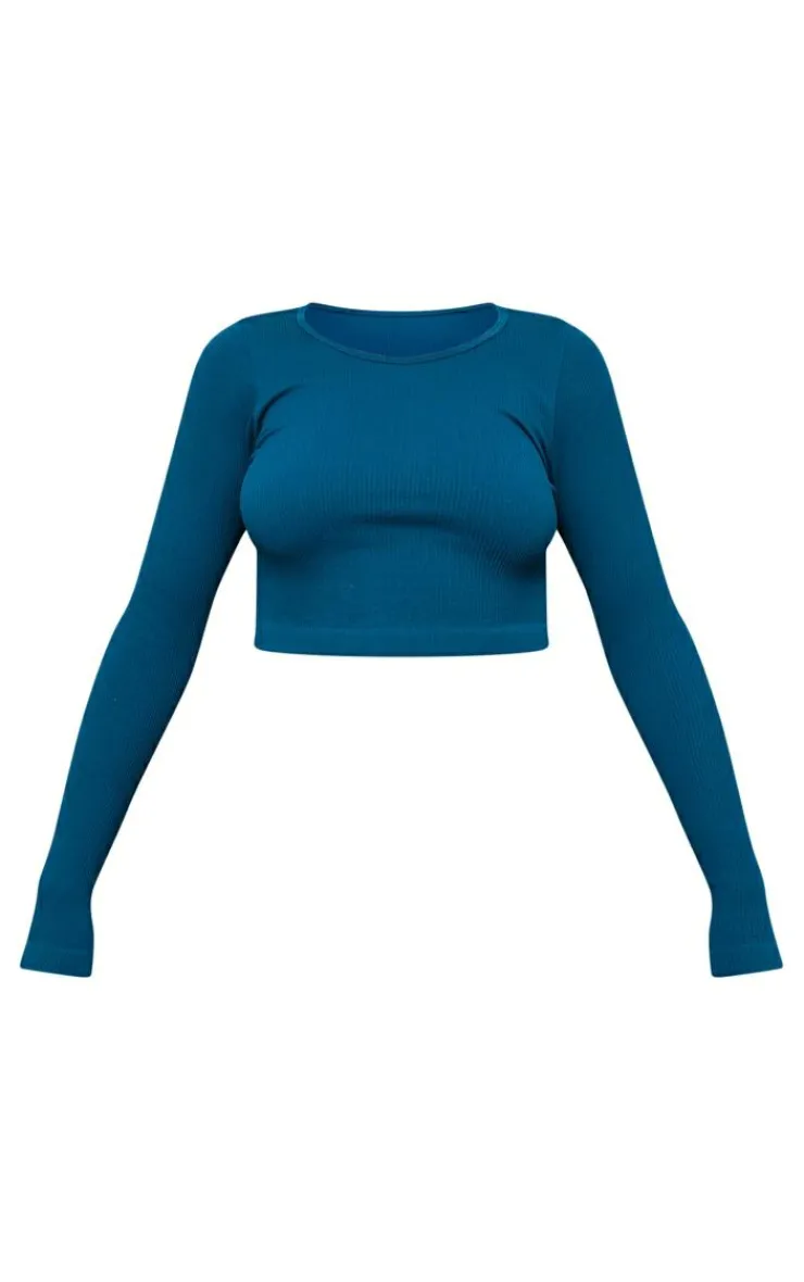 PrettyLittleThing Structured Snatched Ribbed Round Neck Long Sleeve Crop Top Petrol