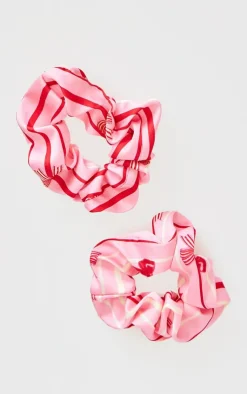 PrettyLittleThing Hair Accessories*2 Pack Christmas Bow Print Satin Scrunchie Set