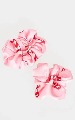 PrettyLittleThing Hair Accessories*2 Pack Christmas Candy Cane Print Satin Scrunchie Set