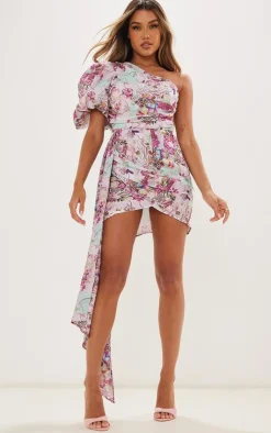 Abstract Floral One Shoulder Puff Sleeve Draped Bodycon Dress-PrettyLittleThing Hot