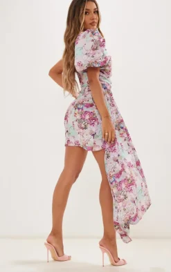 Abstract Floral One Shoulder Puff Sleeve Draped Bodycon Dress-PrettyLittleThing Hot