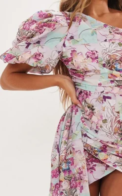 Abstract Floral One Shoulder Puff Sleeve Draped Bodycon Dress-PrettyLittleThing Hot