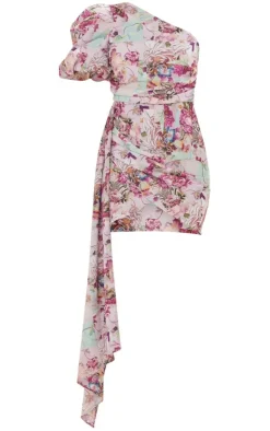 Abstract Floral One Shoulder Puff Sleeve Draped Bodycon Dress-PrettyLittleThing Hot