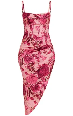 Abstract Floral Print Corset Style Asymmetric Hem Midi Dress-PrettyLittleThing Outlet