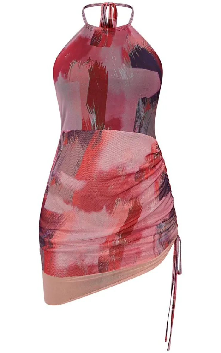 Abstract Print Halterneck Mesh Layered Bodycon Dress-PrettyLittleThing Online