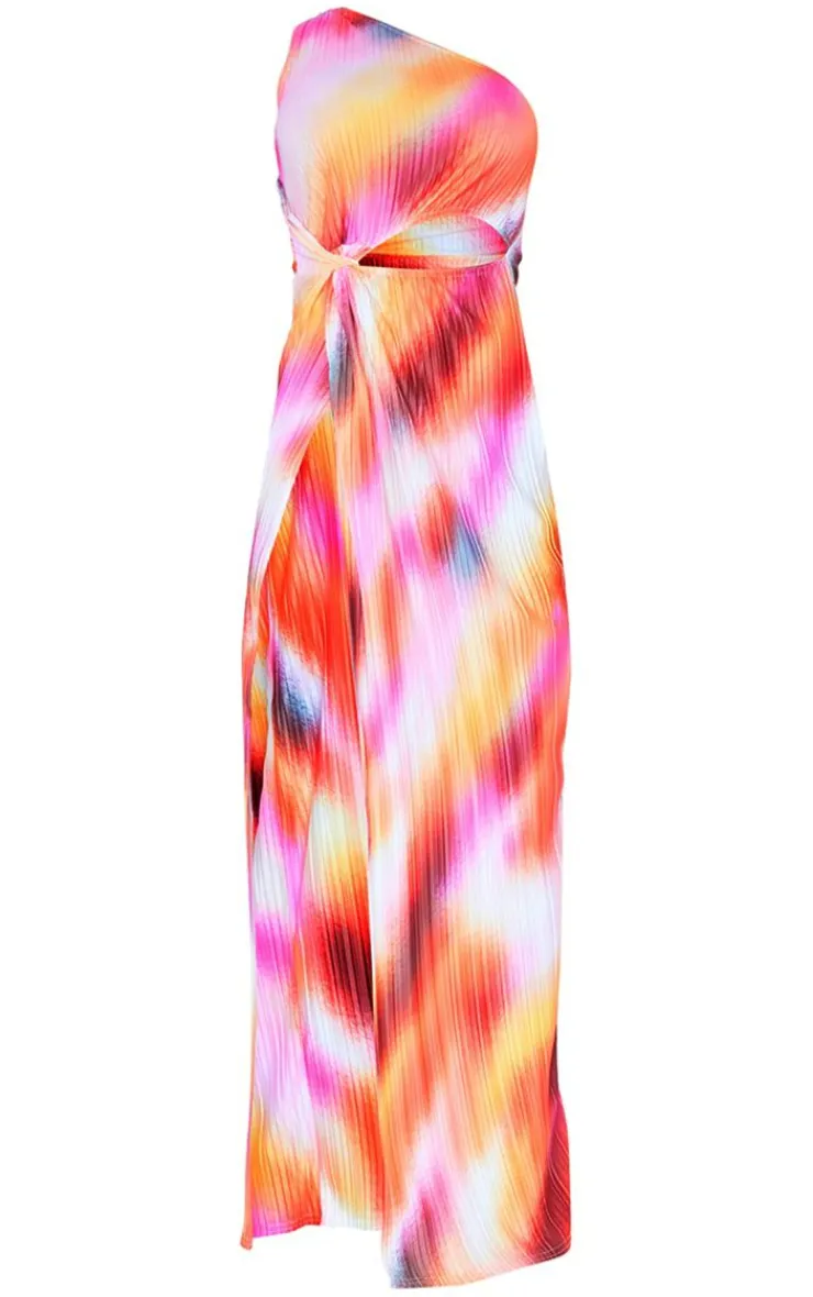 Abstract Print Plisse Knotted Split Detail Maxi Dress-PrettyLittleThing