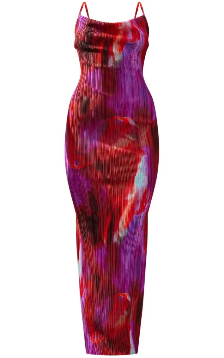 Abstract Print Plisse Strappy Maxi Dress-PrettyLittleThing Clearance