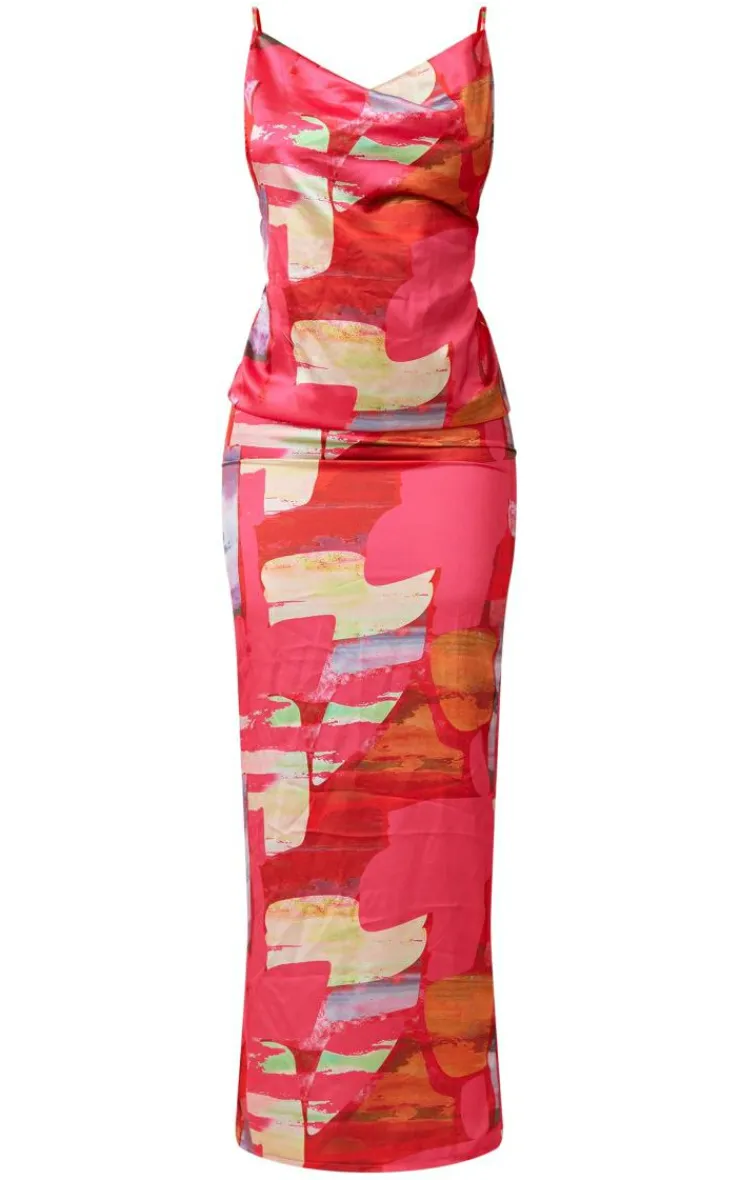 Abstract Print Satin Cowl Neck Maxi Dress-PrettyLittleThing Hot