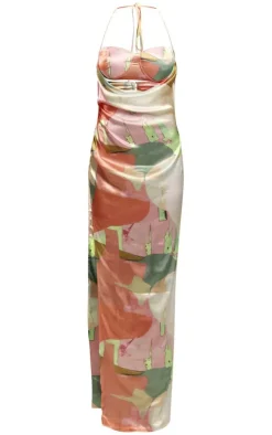 Abstract Print Satin Underwired Cut Out Drape Maxi Dress-PrettyLittleThing New