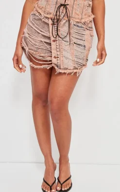 PrettyLittleThing Acid Wash Distressed Wrap Over Denim Skirt Pink