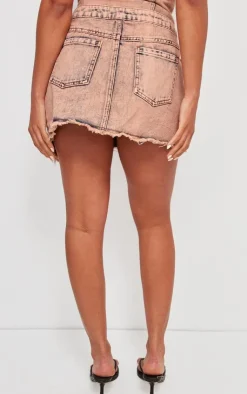 PrettyLittleThing Acid Wash Distressed Wrap Over Denim Skirt Pink