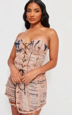 PrettyLittleThing Acid Wash Distressed Wrap Over Denim Skirt Pink