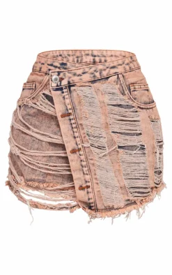PrettyLittleThing Acid Wash Distressed Wrap Over Denim Skirt Pink