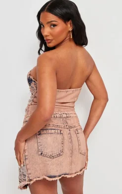 New PrettyLittleThing Acid Wash Distressed Lace Up Bustier Denim Crop Top Pink