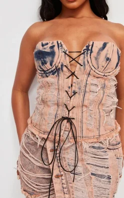 New PrettyLittleThing Acid Wash Distressed Lace Up Bustier Denim Crop Top Pink