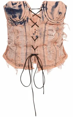 New PrettyLittleThing Acid Wash Distressed Lace Up Bustier Denim Crop Top Pink