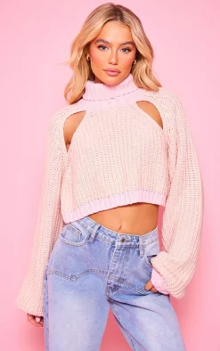 PrettyLittleThing Sweaters*And Cream Knit Roll Neck Cut Out Cropped Sweater