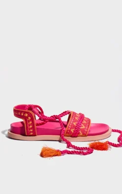 PrettyLittleThing Flat Sandals*Pink and Orange Pu Round Toe Embroidery Strap Lace Up Sandals