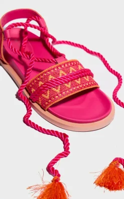 PrettyLittleThing Flat Sandals*Pink and Orange Pu Round Toe Embroidery Strap Lace Up Sandals