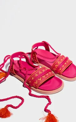 PrettyLittleThing Flat Sandals*Pink and Orange Pu Round Toe Embroidery Strap Lace Up Sandals